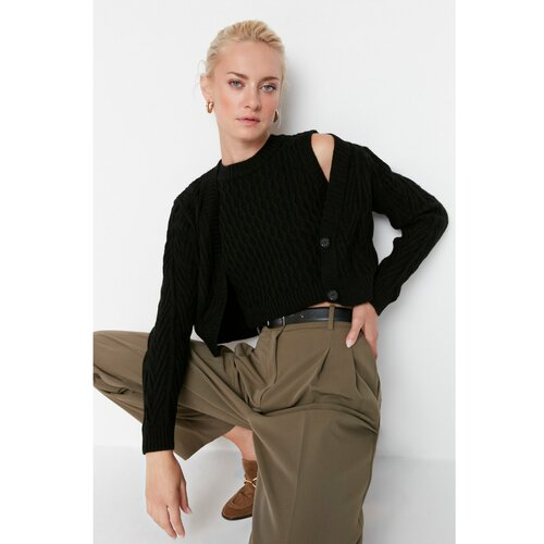 Trendyol Black Crop Knitted Detailed Knitwear Cardigan Cene