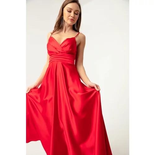 Lafaba Women's Red Satin Midi Evening Dress with Straps and Waist Belt &; Prom Dresses