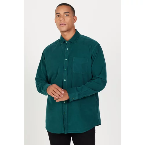 AC&Co / Altınyıldız Classics Men's Dark Green Comfort Fit Wide-Fit Buttoned Collar Velvet Shirt