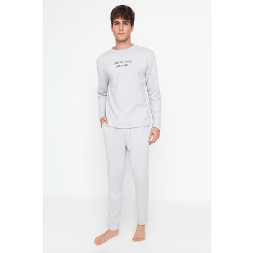 Trendyol Men's Gray Printed Regular Fit Knitted Pajamas Set