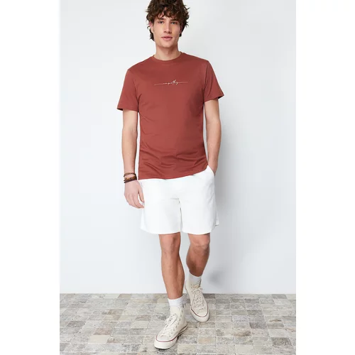 Trendyol Men's Brown Regular/Normal Fit Text Printed 100% Cotton Label Appliqué T-shirt
