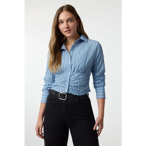 Trendyol Blue Striped Front Gathered Fitted Waist Crop Woven Shirt