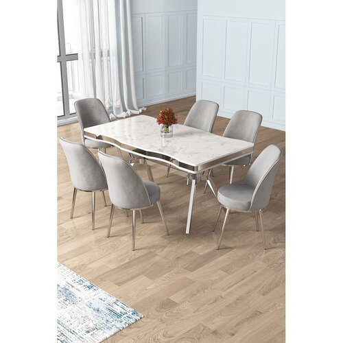 Hanah home trpezarijski set Prah, sto i 6 stolica, ploča u dekoru belog mermera, hromirane noge, siva tkanina Babyface Cene
