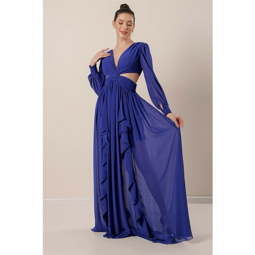 By Saygı Low-Collection V-neck Long Chiffon Dress with Plunging Front Lined Sax Slike