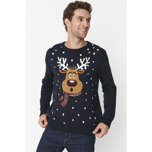 Trendyol Navy Blue Men Regular Fit Crew Neck Deer Pattern Christmas Knitwear Sweater Slike