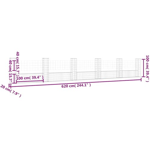  Gabionska ko&amp;scaron;ara U-oblika sa 6 stupova 620x20x100 cm željezna Slike
