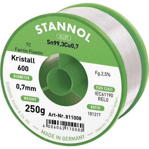 Stannol mehka spajkalna žica Kristall 600 v zlitini Flowtin TC Sn99Cu1 z 2\,5% pretoka 0\,7 mm s premerom na 250 g koluta Kristall 600 Fairtin spajkalna žica\, neosvinčena neosvinčen, (20428508) Cene