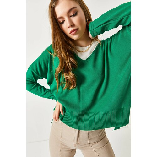 armonika Women's Green V-Neck Front Short Back Long Knitwear Sweater Slike