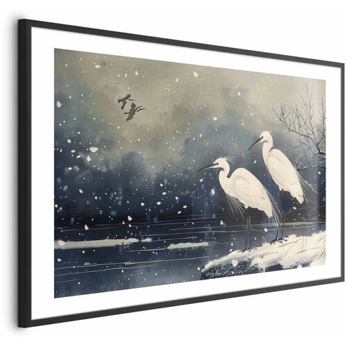  Plakat - Herons over a Winter Pond - illustration in the Japanese style in dark colors 30x21 Crni okvir s margom Cene