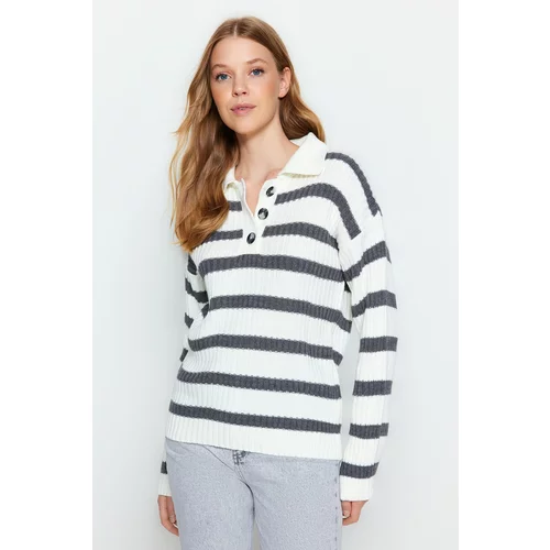 Trendyol Ecru Striped Polo Neck Knitwear Sweater