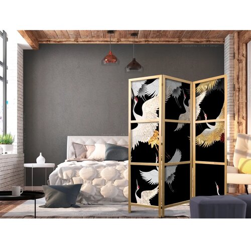  Japanski paravan - Cranes at Night - White and Gold Birds Flying Away on a Black Background 135x172 Cene