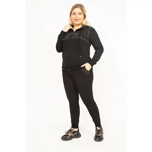 Şans Women's Black Plus Size Stone Detailed Hooded Sweatshirt Trousers Suit
