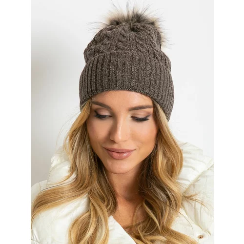 Fashion Hunters Knitted cap with fur pompom, dark brown