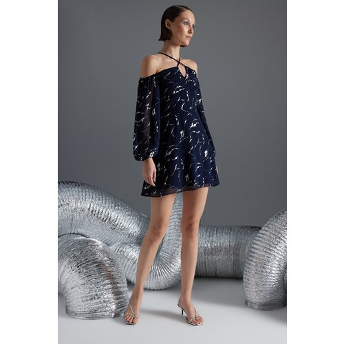 Trendyol Navy Blue Foil Printed Detailed Elegant Evening Dress Slike