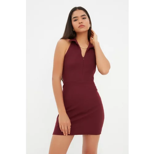 Trendyol Claret Red Shirt Collar Bodycone Knitted Dress