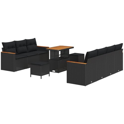 VidaXL set vrtnih sofa od 10 komada s jastučićima Crni Poli Ratan Akacija, set vrtnih stolica s 3 dijela s jastučićima Crni Poli Ratan Akacija Slike