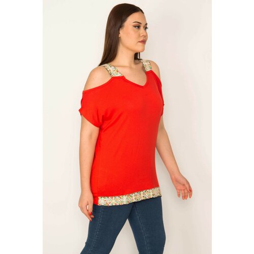 Şans Women's Plus Size Red Decollete Straps And Sequin Lace Detailed Blouse At Hem Slike