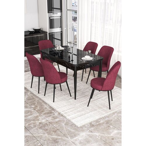 Hanah home trpezarijski set Via, sto na razvlačenje i 6 stolica, ploča u dekoru crnog mermera, bordo tkanina Jerry Cene