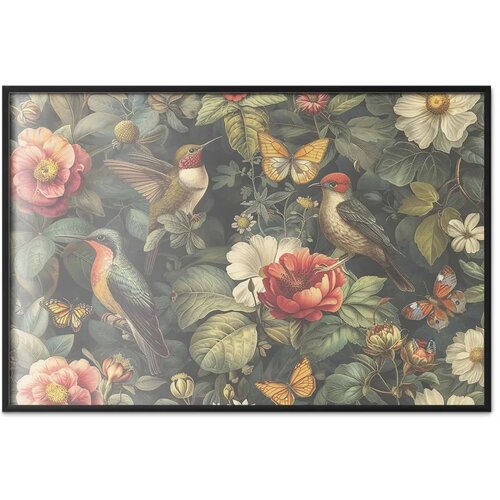  Plakat Flowers Birds and Butterflies - vintage-style illustration 60x40 Crni okvir Slike