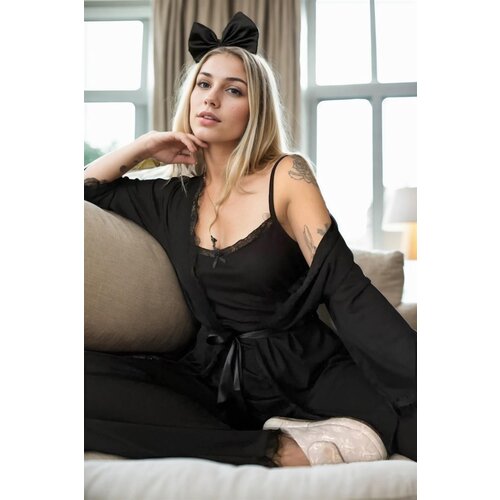 Dewberry 22168 Womens Pyjama Set with Dressing Gown-DARK BLACK Slike