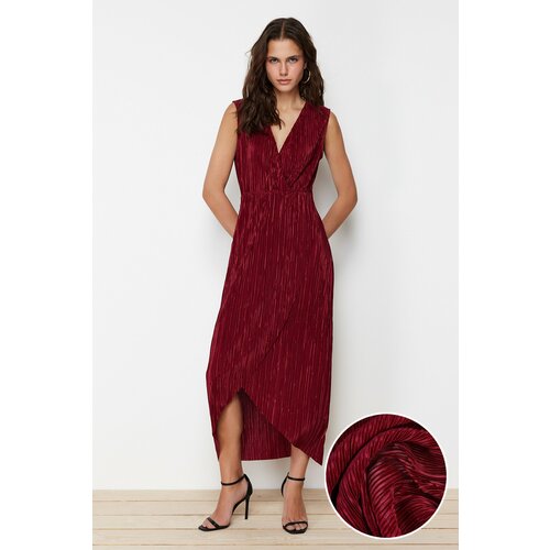 Trendyol Claret Red Pleat Regular/Normal Pattern Double Breasted Collar Knitted Maxi Dress Slike