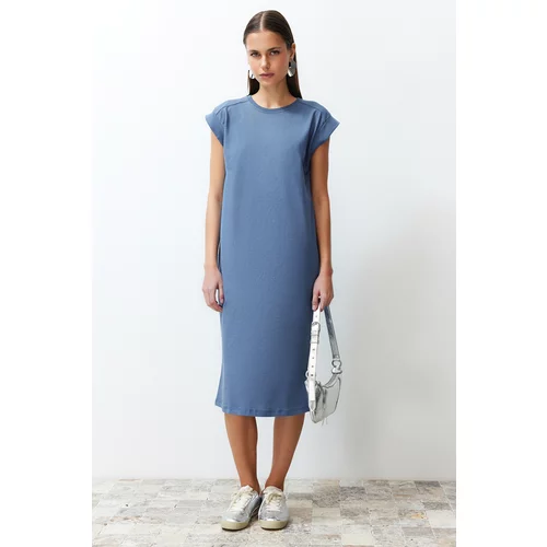 Trendyol Indigo 100% Cotton Moon Sleeve Shift/Casual Fit Midi Knitted Midi Dress