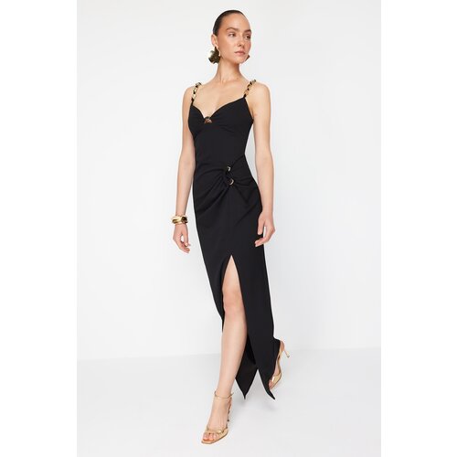 Trendyol X Zeynep Tosun Black Knitted Evening Dress & Graduation Dress with Accessory Detail Slike