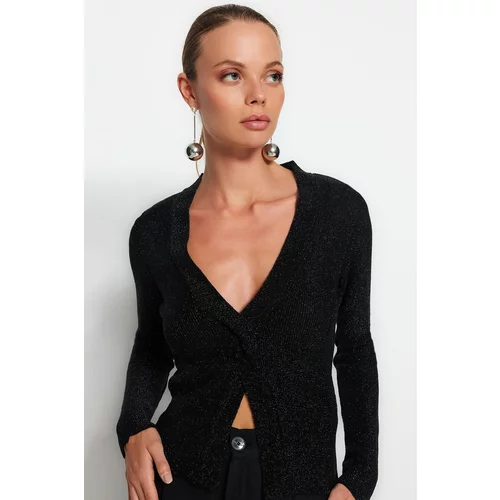 Trendyol Black Soft Textured Glittery Slit Detailed Knitwear Sweater