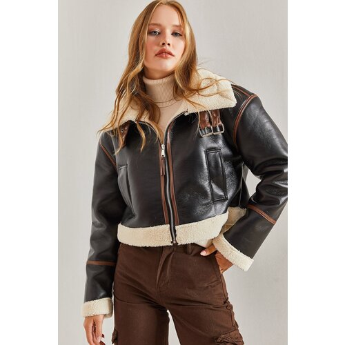 Bianco Lucci Women&amp;#039;s Collar Belted Laminated Jacket Slike