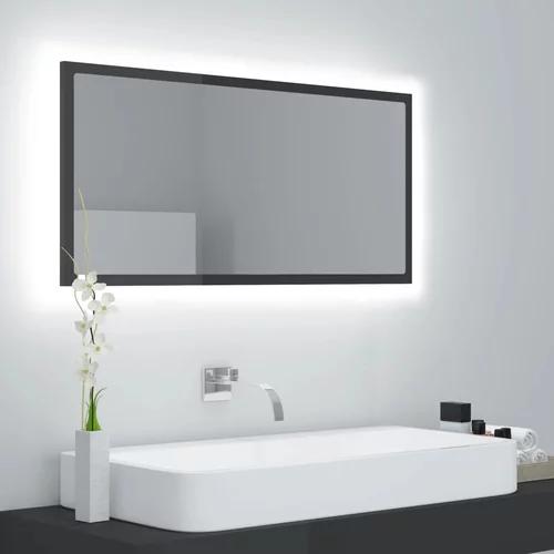 vidaXL LED kopalniško ogledalo visok sijaj sivo 90x8,5x37cm iverna pl.