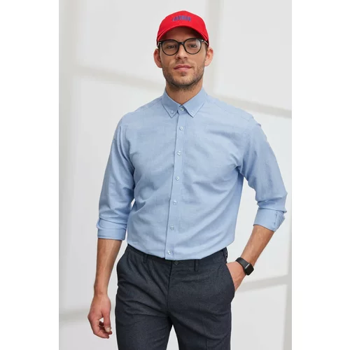 AC&Co / Altınyıldız Classics Men's Light Blue Comfort Ft Relaxed Cut Button Collar Cotton Dobby Linen Shirt