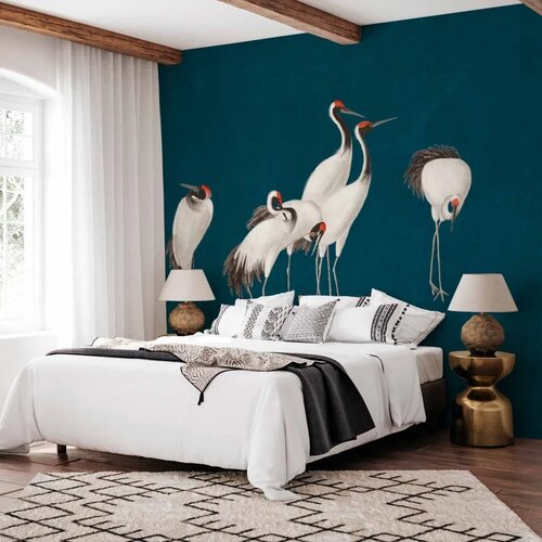  Foto tapeta - Evening by the pond - a group of cranes drawn in dry pastel on a dark turquoise background 490x350 Samoljepljiva Cene