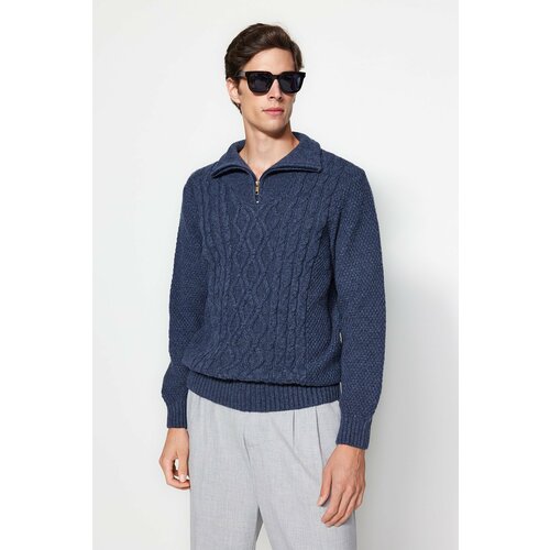 Trendyol Men's Indigo Regular Fit Zippered Half Turtleneck Knitwear Sweater. Slike