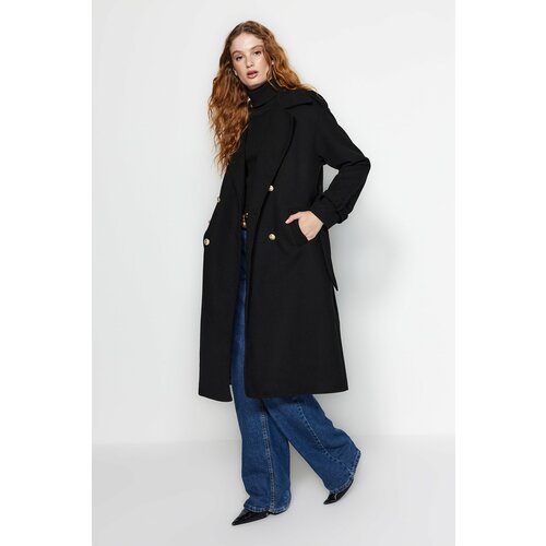 Trendyol Black Oversize Wide-Cut Belted Long Stamped Coat Slike