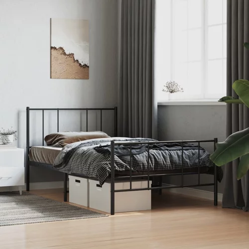 vidaXL Kovinski posteljni okvir z vzglavjem in vznožjem črn 75x190 cm