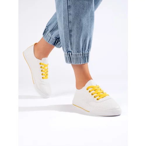 Shelvt White women's sneakers with yellow laces
