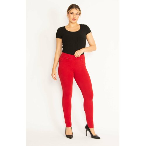 Şans Women's Large Size Red Leggings with Front Decoration and Back Pockets Cene