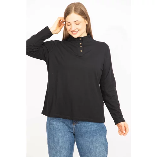 Şans Women's Black Plus Size Cotton Fabric Front Pat Buttoned Blouse