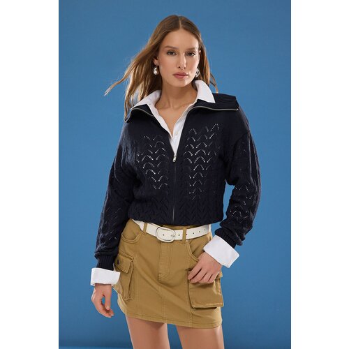 Trendyol Navy Blue Turn-down Collar Openwork Knitwear Cardigan Slike