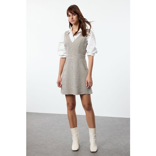 Trendyol Beige Plaid / Checked Gilet Mini Woven Dress Slike