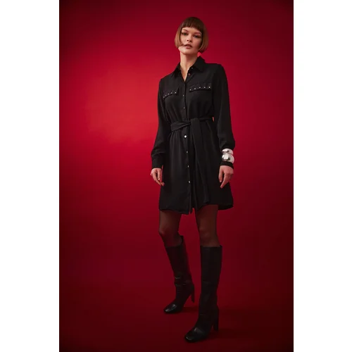 Defacto Shirt Collar Belted Long Sleeve Mini Crepe Dress