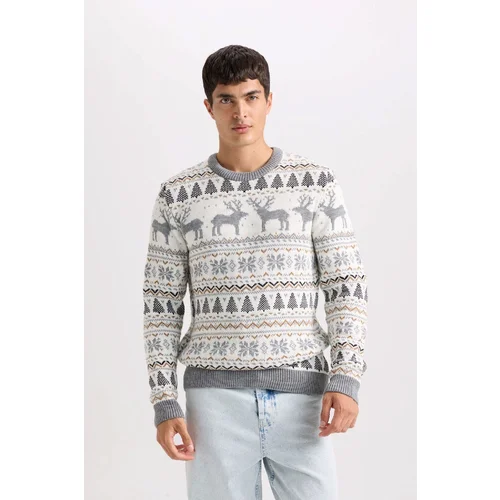 Defacto New Year Themed Standard Fit Regular Cut Patterned Crew Neck Knitwear Sweater