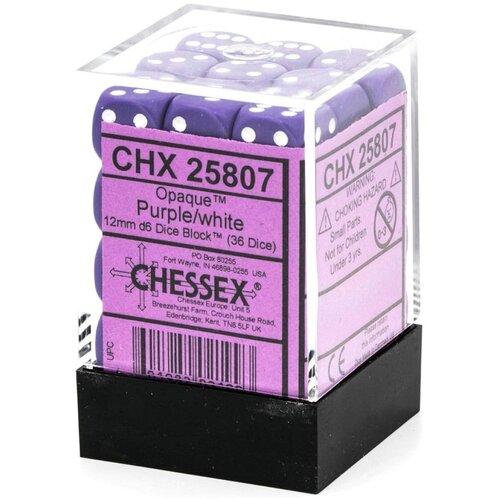 Chessex kockice - opaque - purple & white - dice block (36) 12mm Cene