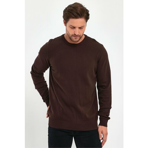 Lafaba Men's Brown Crew Neck Basic Knitwear Sweater Slike