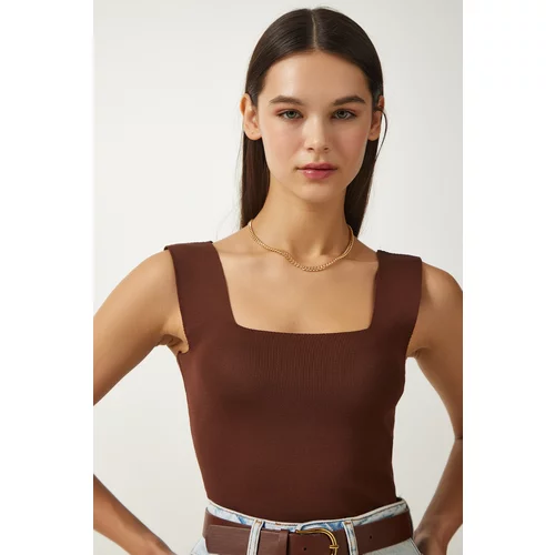 Happiness İstanbul Women's Brown Square Collar Knitwear Crop Blouse