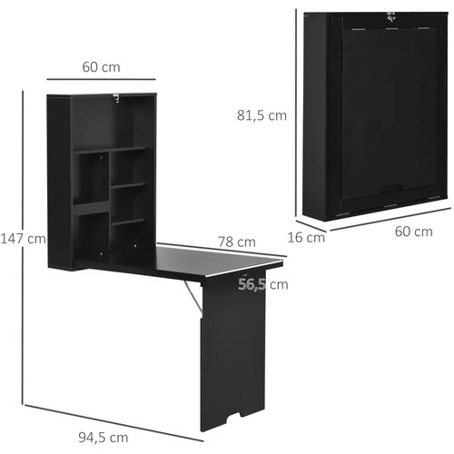  Zidni sklopivi stol uključujući ploču za pisanje 60 cm x 94 5 cm x 147 cm crni Slike