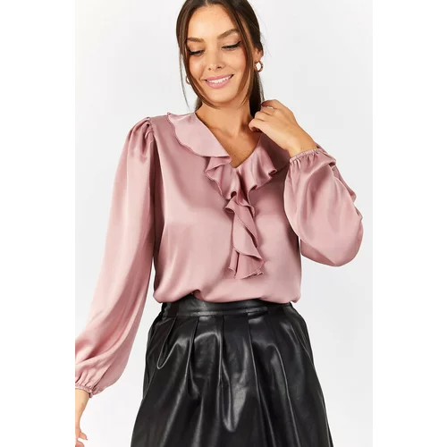armonika Women's Powder Cotton Satin Blouse with Frilled Collar on the Shoulders and Elasticated Sleeves