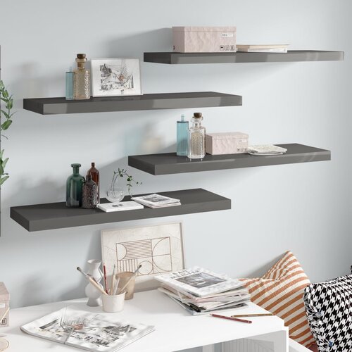 VidaXL Stenske police 4 kosi visok sijaj sive 80x23,5x3,8 cm MDF Slike