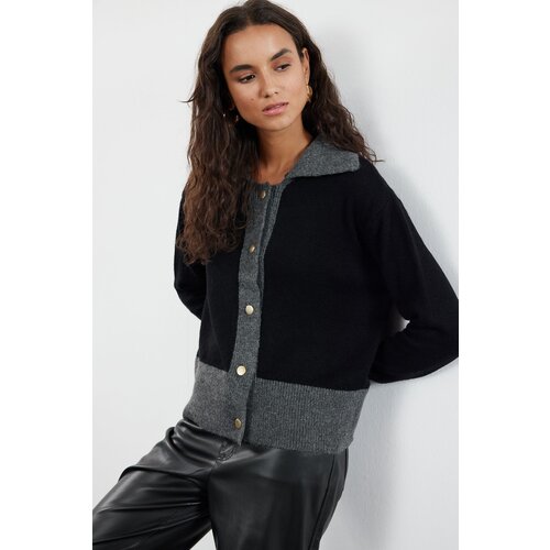 Trendyol Anthracite Soft Textured Color Blocked Knitwear Cardigan Slike