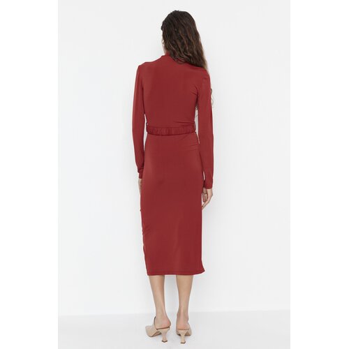 Trendyol Tile Stand Collar Belted Knitted Dress Slike